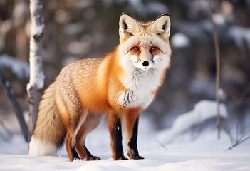 Naklejka na ściany i meble Red fox standing on snow.