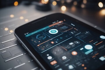 A black smartphone with blue and orange screen on a  laptop keyboard amidst bokeh lights.