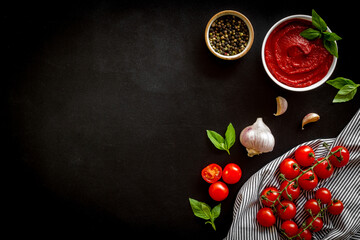Obraz na płótnie Canvas Italian tomato sauce for pasta - passata with tomatoes and basil
