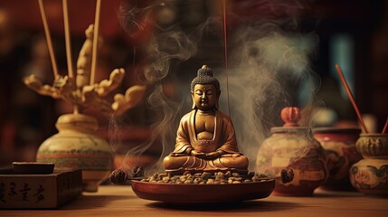 View of a Buddha statue with incense, AI generative