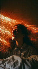 A woman with her eyes closed sitting near the bed with a red-orange light shining on her. The light is creating a wave-like pattern on the wall. Dreamy and surreal mood.