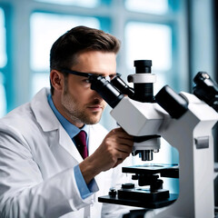 Investigador científico mirando a través de un microscopio en un laboratorio 