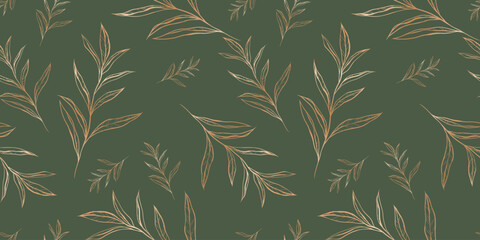 Seamless pattern with hand drawn  gold leaves and branches. Perfect for wallpaper, wrapping paper, web sites, background, social media, blog, presentation and greeting cards.	