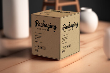 Product cubic box mockup - Realistic brown carton package with copy space. - obrazy, fototapety, plakaty