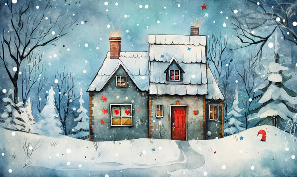 Postcard with a cartoon of a cute christmas house