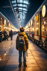 A child with a backpack on his shoulder in a train station, on the platform between the trains. Seen from behind