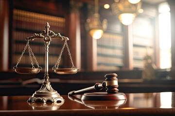  judge gavel and scales of justice in the court hall law concept of judiciary jurisprudence and justice - obrazy, fototapety, plakaty