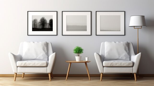white blank square picture mockups on a modern living.Generative AI