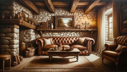 Rustic Renaissance Living Room with Leather Sofa