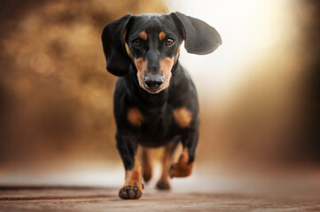 beautiful warm photo of a dog walking with a dachshund in an autumn park
