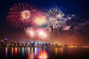 A far away spectacular fireworks display lighting up the night sky over city skyline, captures the excitement and celebration of a special event with the vibrant colors and patterns 
