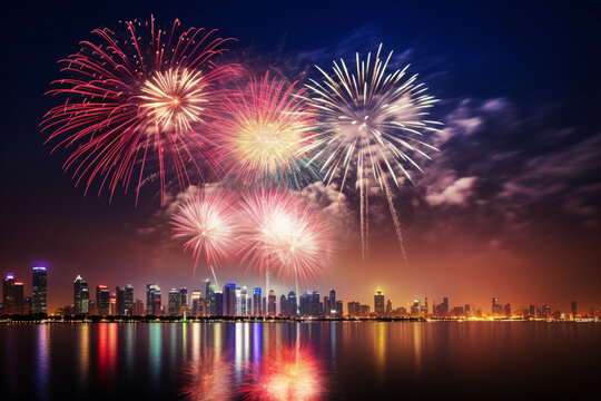 A far away spectacular fireworks display lighting up the night sky over city skyline, captures the excitement and celebration of a special event with the vibrant colors and patterns 