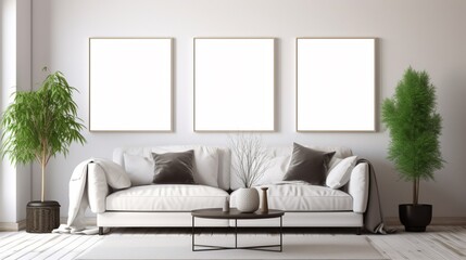 white blank square picture mockups on a modern living.Generative AI