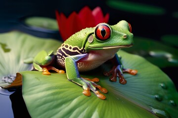 Fototapeta premium Red eyed tree frog on a lotus leaf