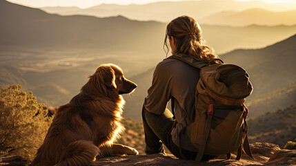 back view on a traveler, woman with a backpack and her dog