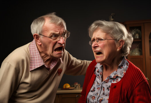 A unhappy Caucasian senior couple quarrel in disagreement in kitchen