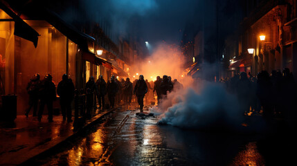 Group of demonstrators protesting in the city. Riot police. - obrazy, fototapety, plakaty