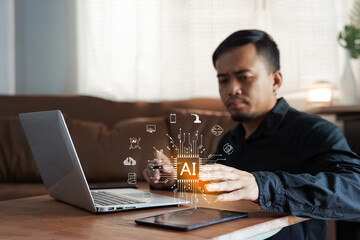 Businessman touching the brain working of Artificial Intelligence (AI) Automation, Predictive analytics