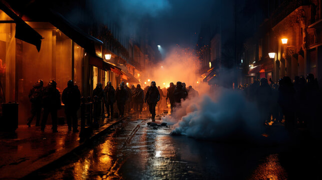 Group of demonstrators protesting in the city. Riot police.