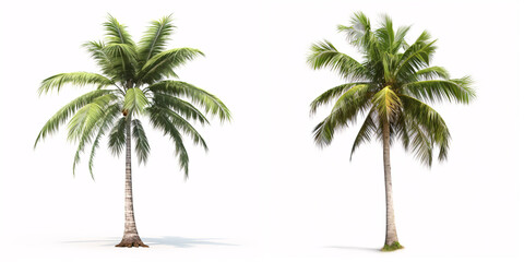 On a blank white surface, stands a solitary coconut palm tree—a representation of tropical allure.. - obrazy, fototapety, plakaty