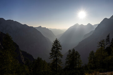 View of Trenta Valley in Slovenian Julian Alps at sunset 