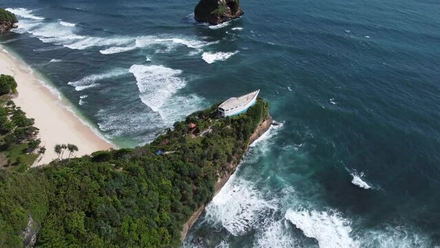 Aerial for Watu Leter Beach in South Malang, East Java, Indonesia