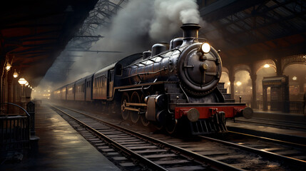 From the nostalgic railway station, a steam-powered locomotive begins its trip.. - obrazy, fototapety, plakaty