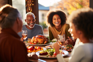 A multi generational and racial family having a traditional Thanksgiving dinner talking and sharing food with happy and grateful for the meal, a large full turkey in the centerpiece of the table - obrazy, fototapety, plakaty
