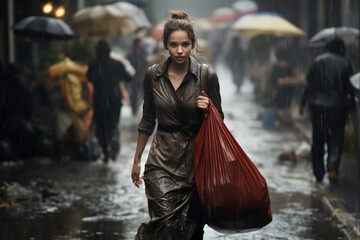 A Hispanic woman holding a wet fabric bag soaked in rain running on street 