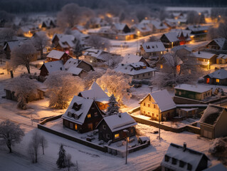 A quaint village, blanketed in fresh snow, radiates warmth from glowing windows. The soft golden light contrasts the cold surroundings, creating a serene, picturesque winter evening