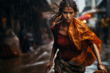 An Indian woman in completely wet clothes and body running under the rain on the pavement street 