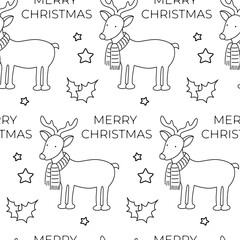 Christmas seamless pattern with deer and greeting text. Line vector illustration. Holiday winter background with animal and festive decorations.