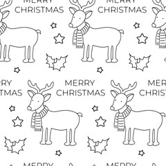 Christmas seamless pattern with deer and greeting text. Line vector illustration. Holiday winter background with animal and festive decorations.
