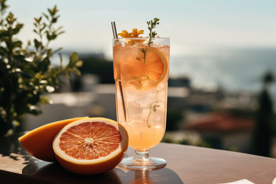 A tantalizing citrus cocktail basks in golden sunlight, accompanied by a freshly sliced grapefruit, with a picturesque seaside town and shimmering ocean as its backdrop