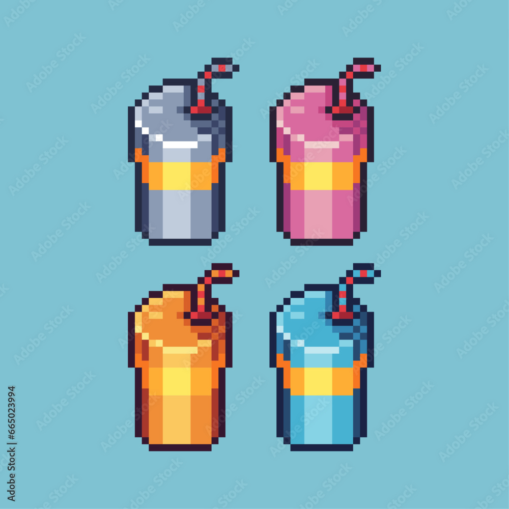 Poster pixel art sets of bottle of drink juice with variation color item asset. simple bits of juice pixela