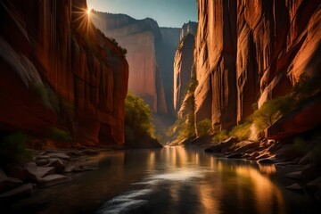 A tranquil, hidden canyon with towering, vertical walls and a narrow river carving its way through the rock formations, bathed in the soft light of dawn.