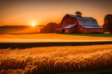 A serene, rolling farmland at twilight, with gently swaying wheat fields and a barn nestled under the warm, orange glow of the setting sun.