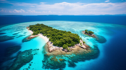 Fototapeta premium A beautiful bird's-eye view of a tropical realm with limpid azure seas and ivory shorelines.