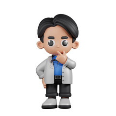 3d Character Doctor Curious Pose. 3d render isolated on transparent backdrop.