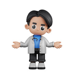 3d Character Doctor Doing The No Idea Pose. 3d render isolated on transparent backdrop.