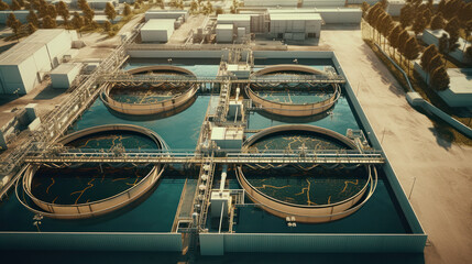 aerial view of sewage treatment plant in wroclaw city in Poland - obrazy, fototapety, plakaty