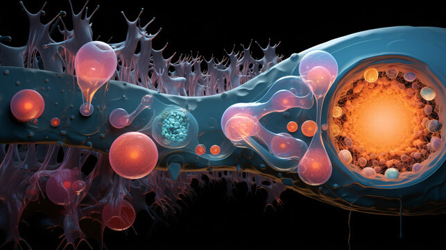 This 3D render highlights the nucleus, organelles, and plasma membrane as key elements within a eukaryotic cell..