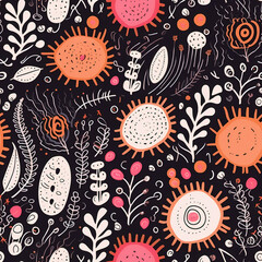 Various doodle flowers and herbs in a seamless pattern. Childrens floral illustration of plants in the garden at night
