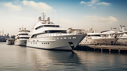 Naklejka premium Gleaming white yachts docked in the harbor of city port.
