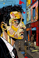 A portrait of a desperate man in a suit on a city street. A graphic illustration of a male person, with a sad expression on his face