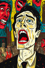 A portrait of a white man with an open mouth, screaming in agony, surrounded by a crowd of people. Mental health issues concept. A graphic illustration of a male artist or singer performing on stage