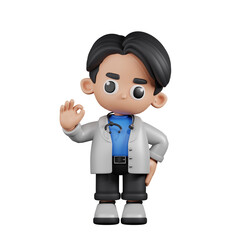 3d Character Doctor Giving Ok Sign Pose. 3d render isolated on transparent backdrop.