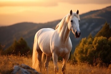 Obraz na płótnie Canvas White horse or mare in the mountains at sunset.