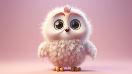 Realistic 3d render of a happy,  furry and cute baby Owl smiling with big eyes looking strainght