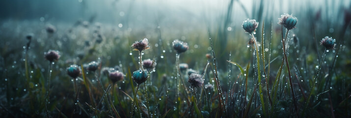 A meadow with wild flowers in dew and morning haze. Field with flowers and blurred background. Long nature banner. - obrazy, fototapety, plakaty